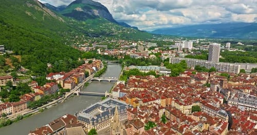 Aerial View of Grenoble Panoramic View Featuring the Isere River Urban Landscape Mountains in the