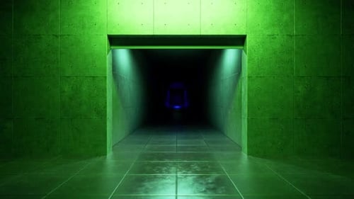 Green concrete tunnel transforming with light colors