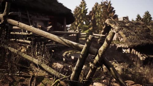 Old Wooden Fence in Rustic Village Panning Shot