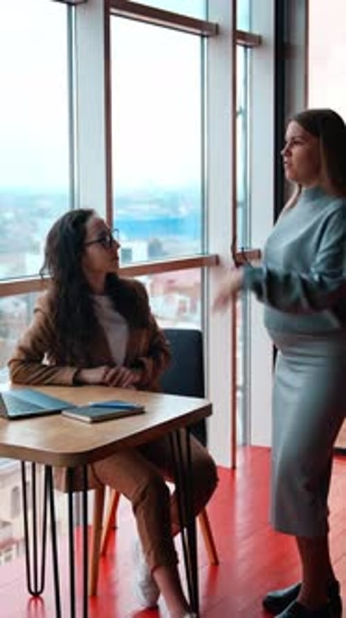 Discussing ideas in the office. Two female colleagues talking actively and gesturing.