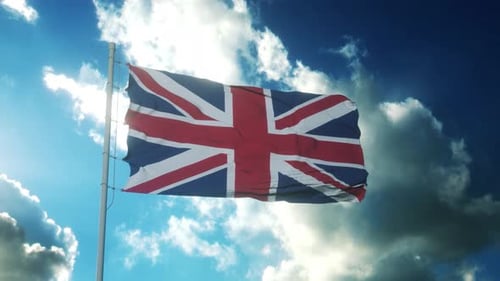 Union Jack Flag Waving Against a Dynamic Sky