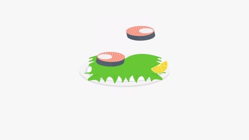 Flat Design Animation of Salmon Slices on a Plate with Lemon