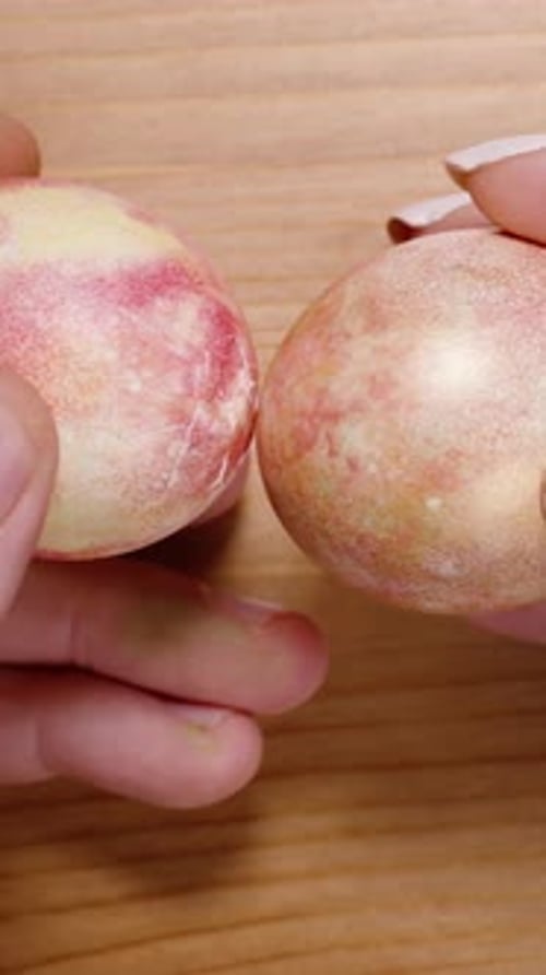Vertical video. Hands holding two marbled pink-yellow Easter eggs, preparing to tap them together,