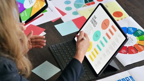 Business session in an office. Woman and a man gesticulating and discussing business