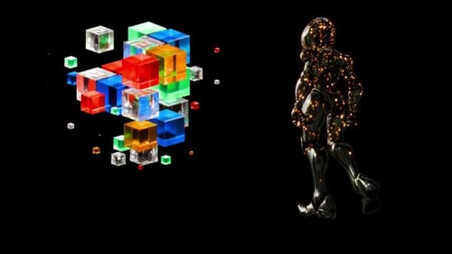 VJ Loop Creation Featuring Vibrant Crystal Cubes and Futuristic Figure