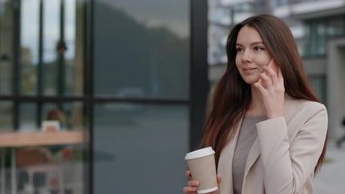 Business Woman Speaking on Mobile Smiling Business Lady Using Digital Devices While Walking on City