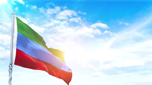 Realistic Waving Flag Against a Bright Blue Sky with Sunlight