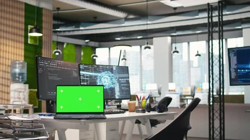 Green Screen Laptop and AI Algorithms Running on Computer Monitors