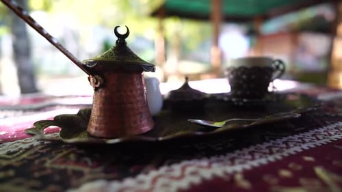 Pouring Coffee From Cezve Adding Frothed Milk From Pitcher Into Modern Cup By Woman's Hand Making