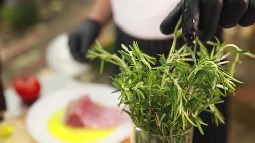 Le chef sort un romarin dans un restaurant de campagne