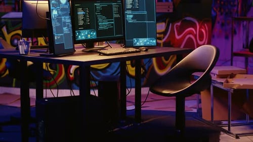 Desk with Multiple Computer Monitors in Urban Setting