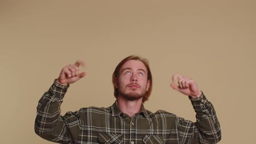 Man Pointing Empty Place Advertising Area for Commercial Text Copy Space for Goods Promotion