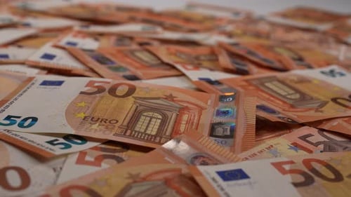 Fifty Euro Banknotes Piled Close Up