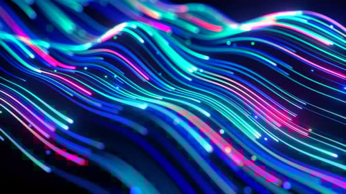 Abstract background with unfocussed pink blue glowing neon wavy lines and bokeh lights.