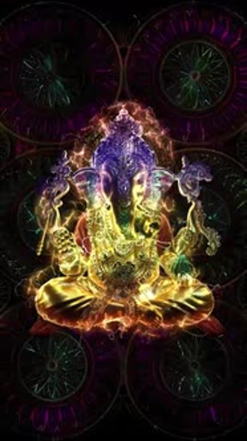 Majestätische Ganesha-Statue, die im kosmischen Licht leuchtet, umgeben von Mandalas mit heiliger Geometrie und strahlenden