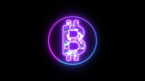 Animated Bitcoin Symbol with Neon Glow and Pixel Glitch Effect