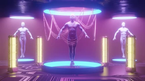 Humans Inside Illuminated Neon Circles in Laboratory Abstract Sci Fi Scene 3D Render