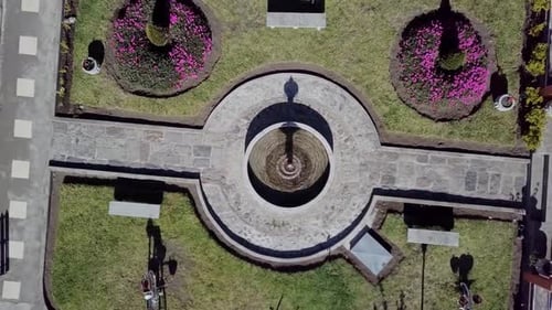 Small beautiful fountain with pink flower bushes in city surroundings, drone ascend view