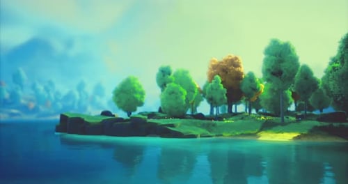 Lush Green Trees and Serene Water Reflecting Sunlight in a Tranquil Landscape