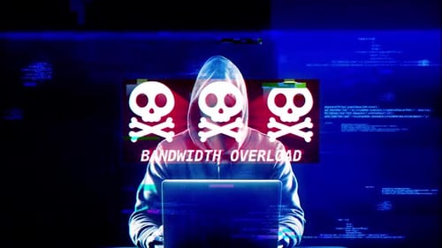 Glitch Bandwidth Overload Warning With Hacker and Skull Icons