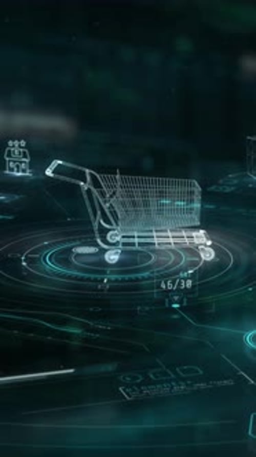 Digital Wireframe Shopping Cart with Futuristic HUD Interface