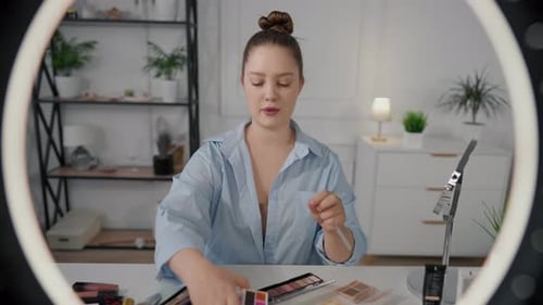 Young Beautiful Woman Blogger Talks About Cosmetics and Products for Female Beauty Vlog Video Live