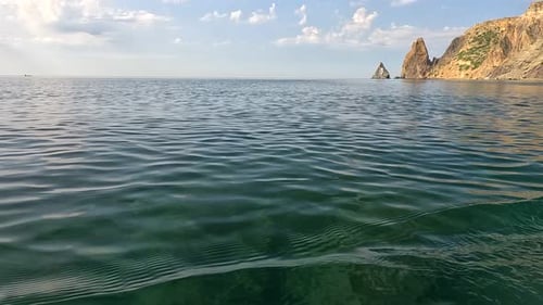 Sea Water Surface Low Angle View Over Clear Azure Sea Water Sun Glare Abstract Nautical Summer Ocean