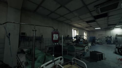 Abandoned Hospital Room with Empty Beds and Medical Equipment at Dusk