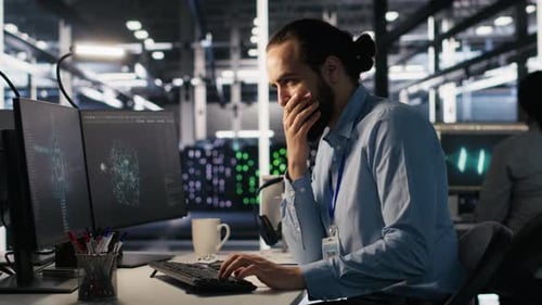 Server Room IT Specialist Frustrated By Difficult Complex Tasks in Office