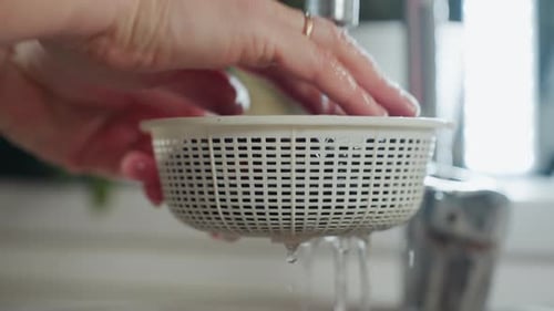 Close Up Hand Washing Fresh Blackberries Under Running Tap Water in Kitchen Sink
