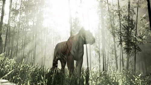 Massive Bengal Tiger Searches for Its Prey in a Bamboo Grove