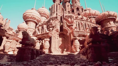 Ein Steintempel mit einer reich verzierten Treppe, die zu seinem Eingang führt