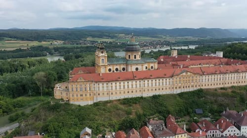 Aerial View of the Historic Benedictine Monastery on a Cliff Above the Danube River in Melk and Its