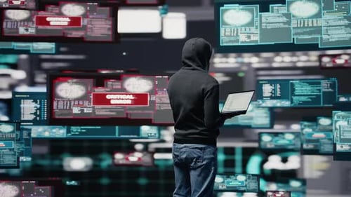 Hacker Using Laptop in Futuristic Digital Environment