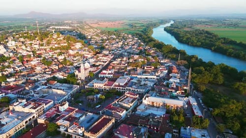 Aerial View Of The Santiago River Passing Through The Town Of Santiago Ixcuintla, Nayarit. Mexico
