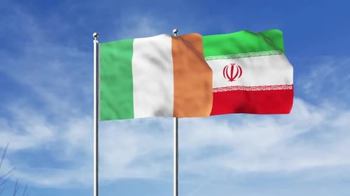 Ireland and Iran National Flags Waving Against Blue Sky