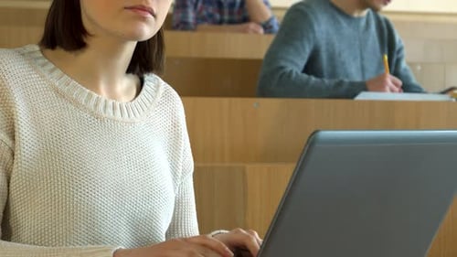 Konzentrierte Studententypen auf ihrem Laptop in einem Hörsaal