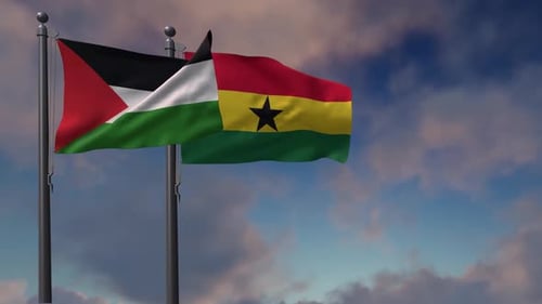 Waving Flags of Palestine and Ghana Against Cloudy Sky