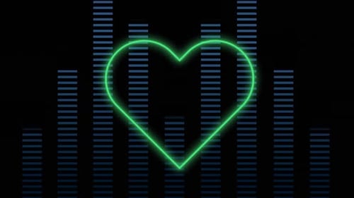 Animation of music eq peak meter with green neon heart flashing on black