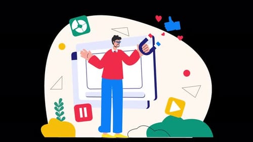 Person, die ein Gerät mit Multimedia-Symbolen in einer digitalen Umgebung in der Hand hält