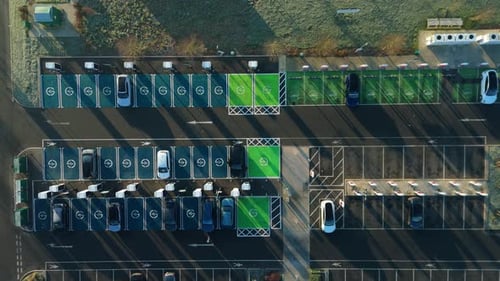 Aerial view of EV charging station, United Kingdom.