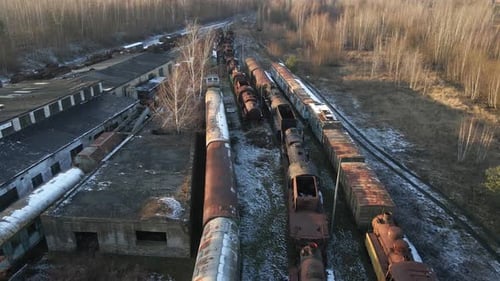 Aerial drone view of old Locomotive depot. Infrastructure. View from above. Polish Railway. Pyskowic