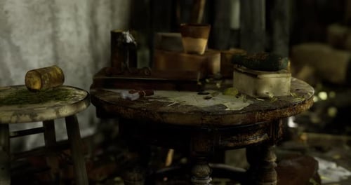 Dusty Table with Old Tools and Scattered Items in a Dimly Lit Room