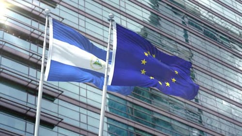 Nicaragua and EU Flags Waving for International Relations