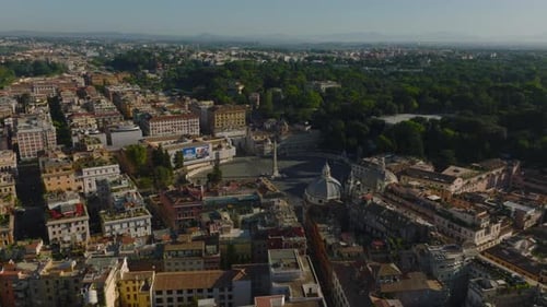 Aerial Slide and Pan Footage of Piazza Del Popolo Oval Square with Obelisk in Middle and Historic