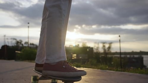 Woman Skateboarding with Dog at Sunset Outdoor Adventure with Pet Active Lifestyle with Canine