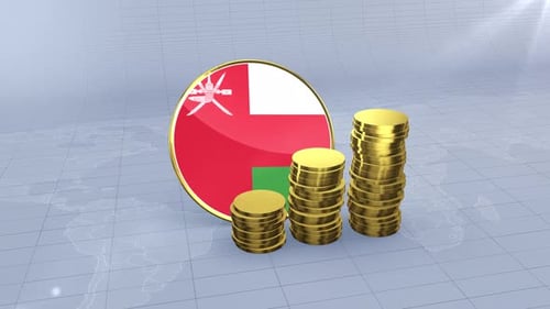 Oman National Flag With Stacking Gold Coins Representing Economic Growth