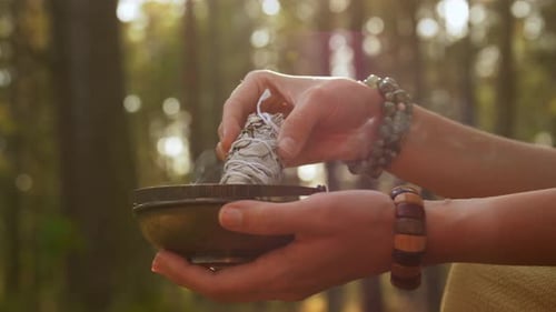 Occult Science And Supernatural Concept - Young Woman Or Witch With Smoking White Sage Performing...