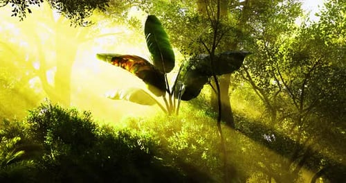 Sunlight Streams Through Lush Green Foliage in a Vibrant Forest Setting