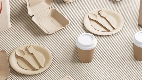 Un juego de vajilla ecológica que incluye una bolsa de papel, sobre cartón ondulado.